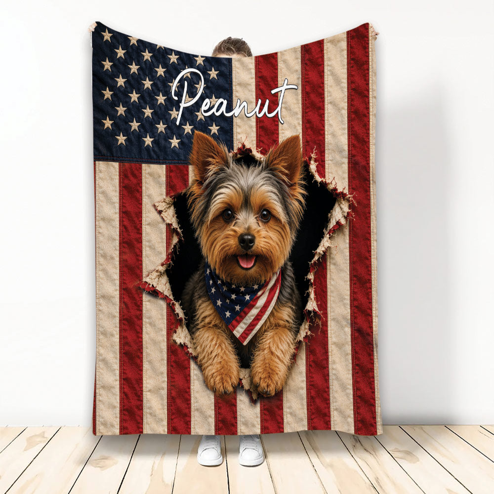 Yorkshire Terrier blanket featuring a patriotic red, white and blue flag design with a dog emerging through the artwork