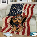 Yorkshire Terrier blanket draped over a sofa, featuring stars, stripes and a patriotic dog-themed design
