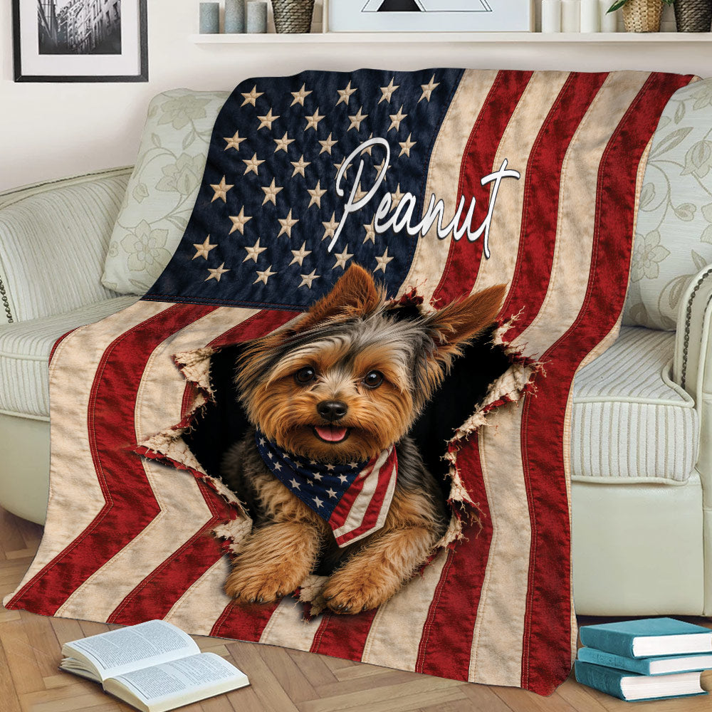 Yorkshire Terrier blanket draped over a sofa, featuring stars, stripes and a patriotic dog-themed design