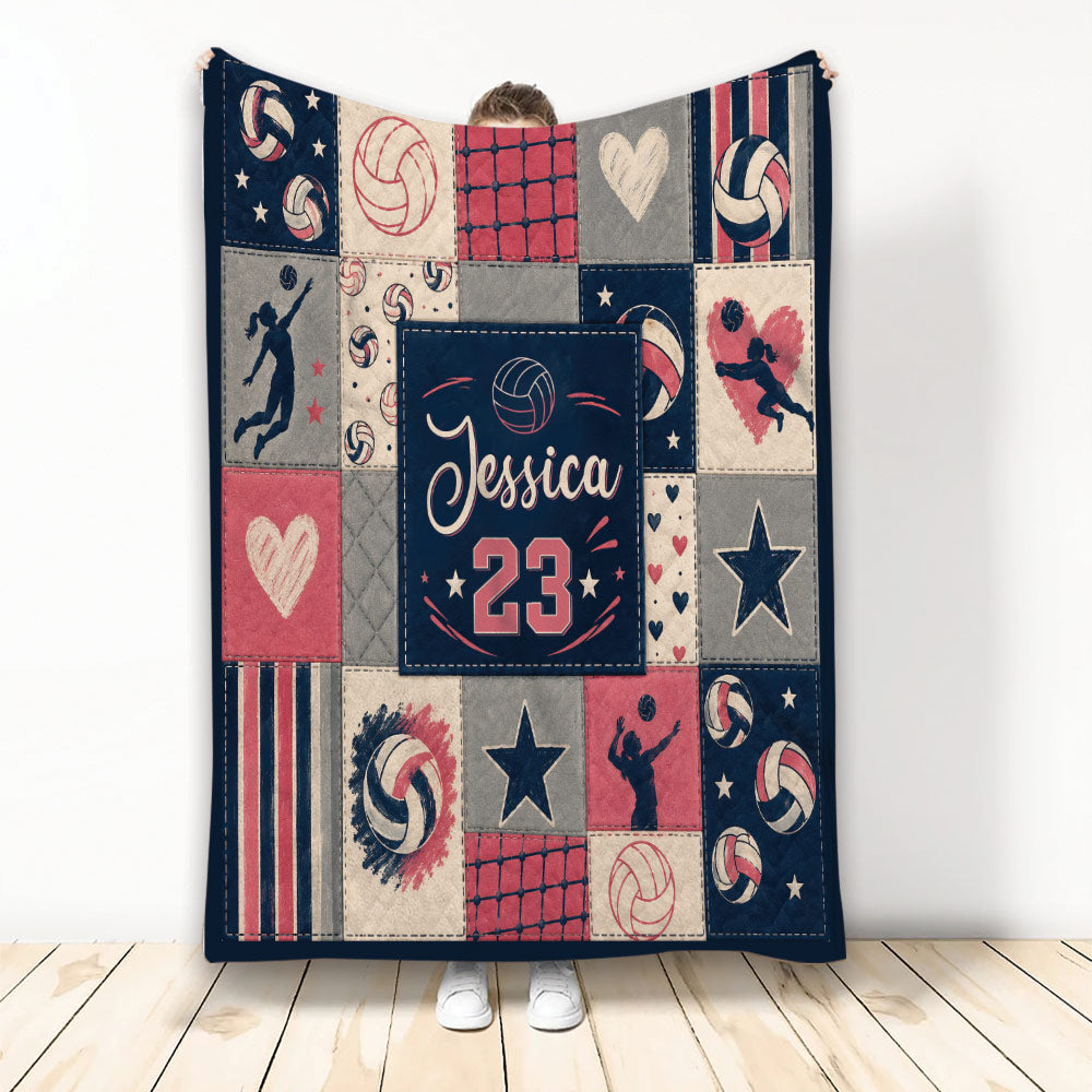 Volleyball blanket displayed upright with volleyballs, player silhouettes, stars, hearts, and navy, red, and gray artwork