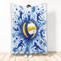 Blue and yellow volleyball blanket featuring dynamic player silhouettes and watercolor sports artwork