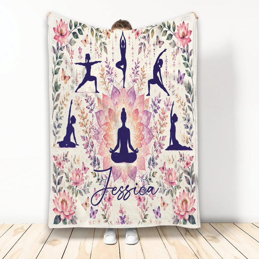 Yoga throw blanket with meditation silhouettes, lotus flowers, butterflies, and botanical artwork