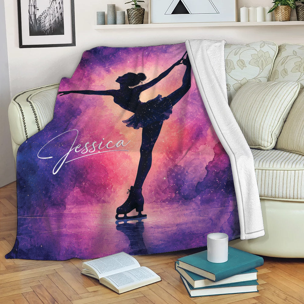 Ice skating throw blanket displayed on a sofa with a figure skater and colorful cosmic artwork