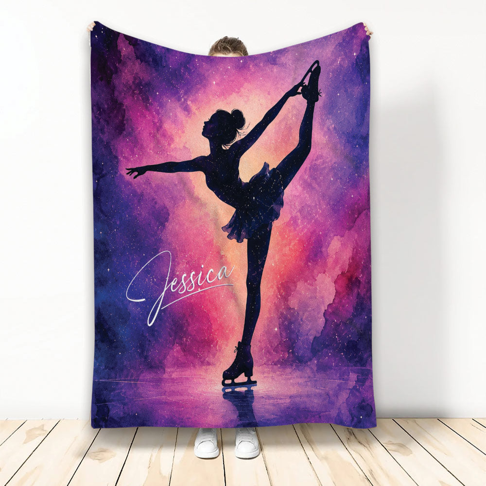 Ice skating blanket with figure skater silhouette against a vibrant purple and pink galaxy background