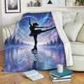 Ice skating blanket draped over a couch with a figure skater and winter night artwork