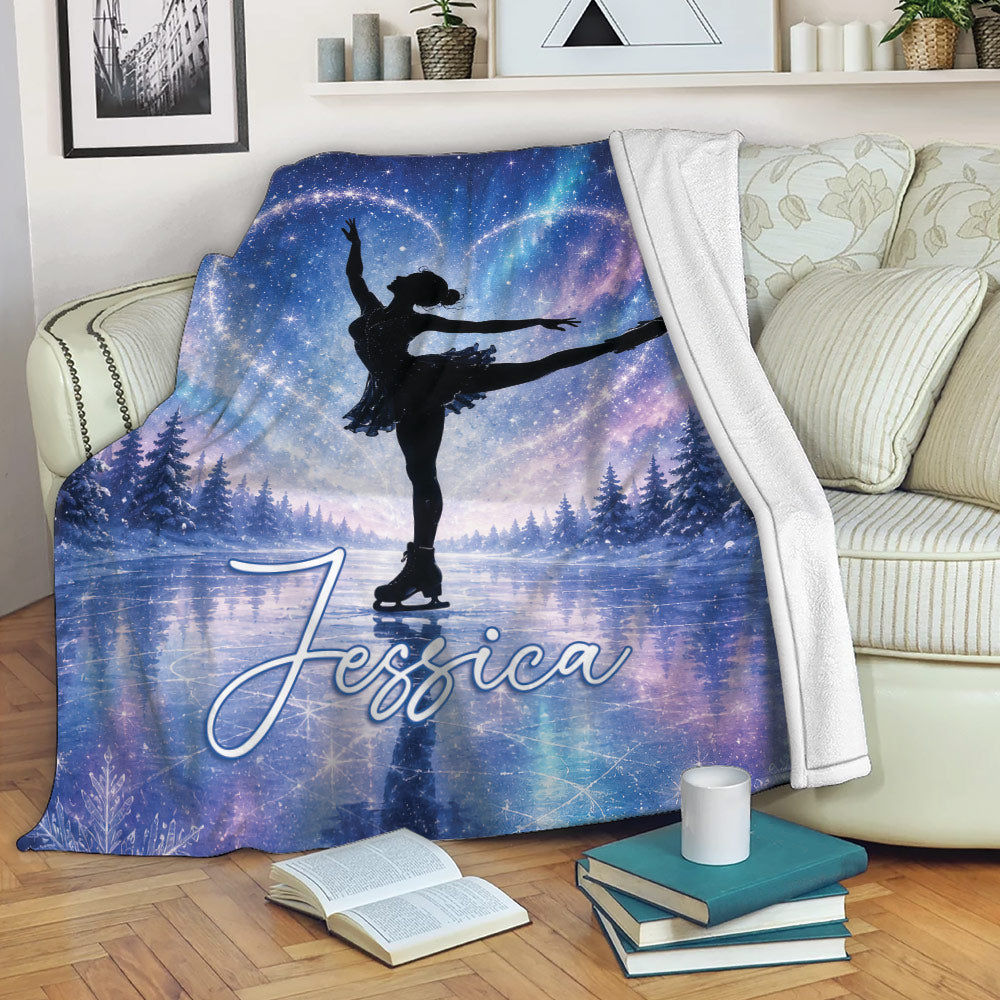 Ice skating blanket draped over a couch with a figure skater and winter night artwork