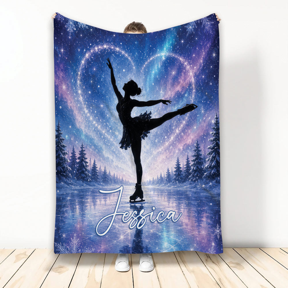 Ice skating throw blanket featuring a graceful figure skater on a starry frozen lake scene