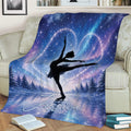 Figure skater throw blanket displayed on a sofa with a glowing snowy forest design