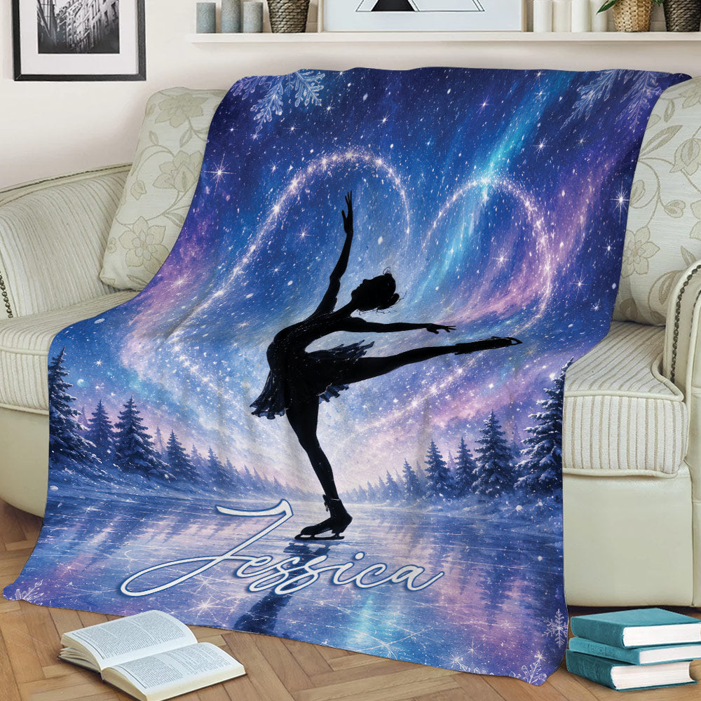 Figure skater throw blanket displayed on a sofa with a glowing snowy forest design