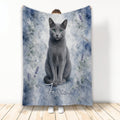Russian Blue cat throw blanket with blue watercolor florals and leafy botanical artwork