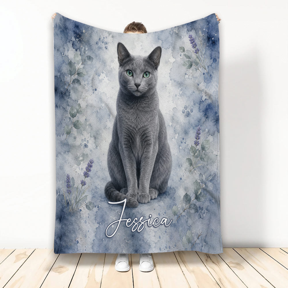 Russian Blue cat throw blanket with blue watercolor florals and leafy botanical artwork