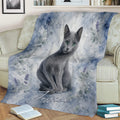Russian Blue cat throw blanket displayed on an armchair with floral blue artwork