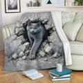 Russian Blue cat blanket draped over a sofa with dramatic cracked wall artwork in cool gray tones