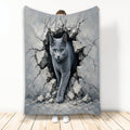 Russian Blue cat throw blanket featuring a blue-gray cat emerging through dramatic cracked stone artwork