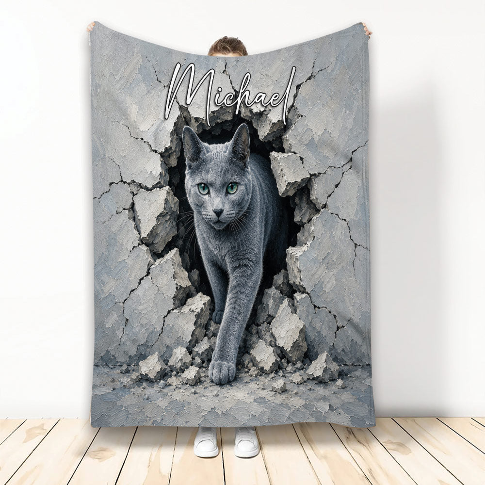 Russian Blue cat throw blanket featuring a blue-gray cat emerging through dramatic cracked stone artwork