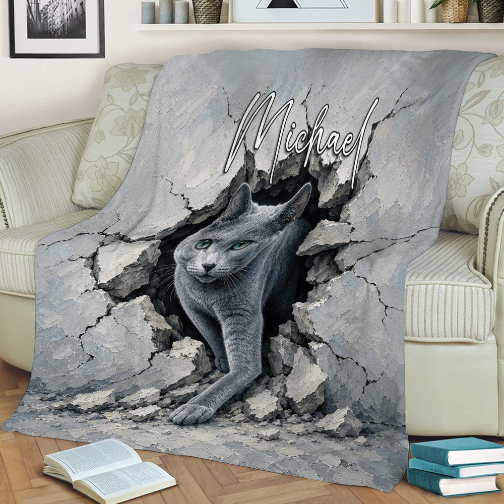 Russian Blue cat throw blanket displayed on a sofa with a striking cracked stone design