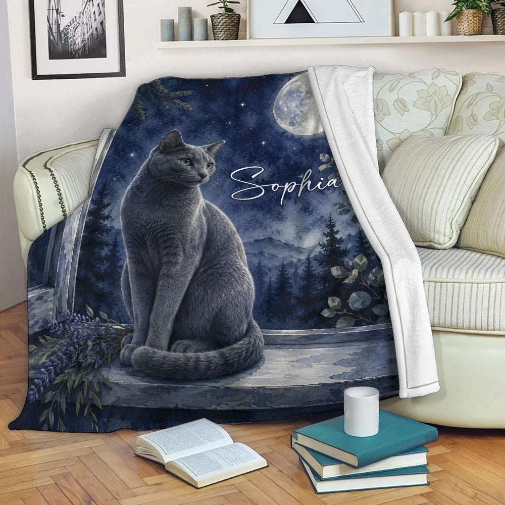 Russian Blue cat throw blanket displayed on a sofa with moonlit night sky and forest artwork