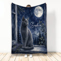 Russian Blue cat blanket with moonlit forest artwork, stars, mountains, and botanical accents