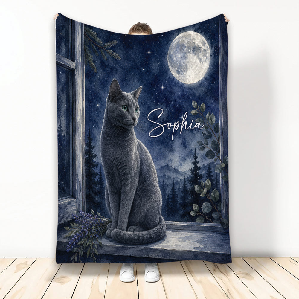 Russian Blue cat blanket with moonlit forest artwork, stars, mountains, and botanical accents