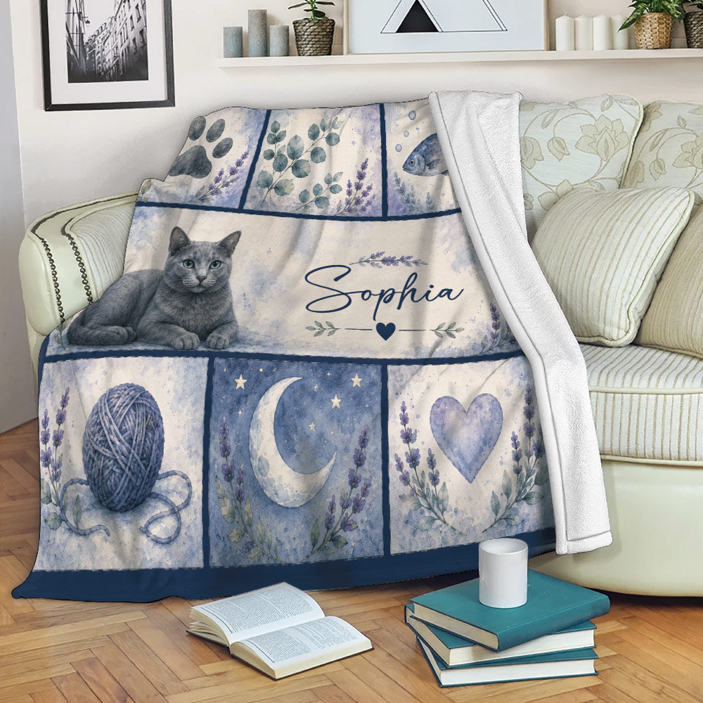 Russian Blue cat throw blanket displayed on a sofa with watercolor artwork and soft blue botanical details