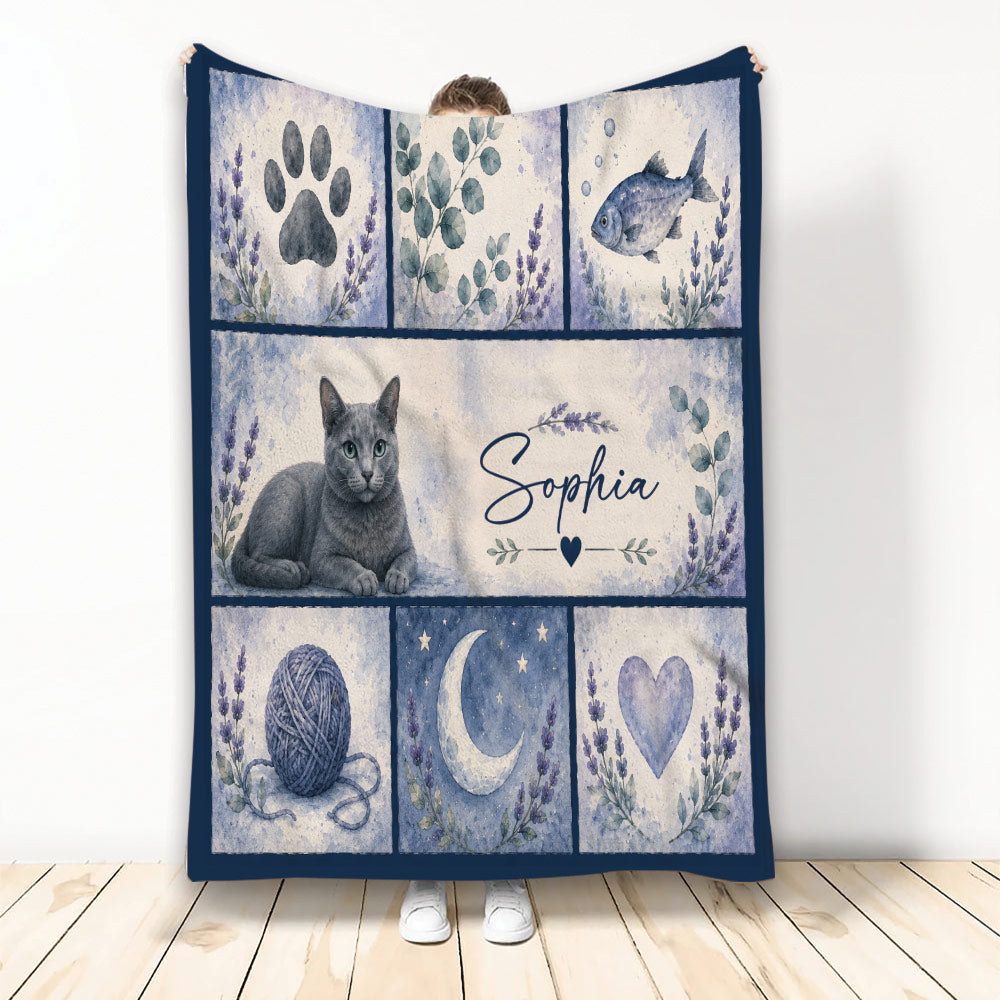 Russian Blue cat blanket with watercolor panels, paw print, fish, yarn, moon, heart and lavender accents