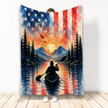 Kayak throw blanket with a paddler on a mountain lake beneath a watercolor American flag sky