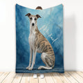 Whippet throw blanket featuring a brindle dog artwork against a blue watercolor background