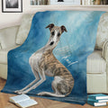 Blue Whippet throw blanket draped over a sofa with detailed brindle dog artwork