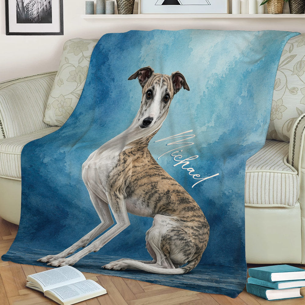 Blue Whippet throw blanket draped over a sofa with detailed brindle dog artwork