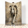 Whippet throw blanket featuring a brindle dog emerging through a cracked wall design