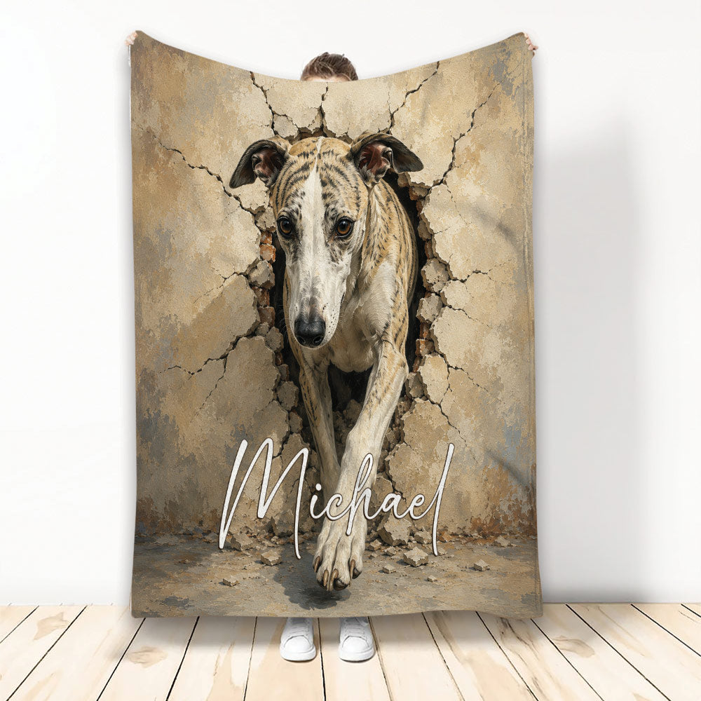 Whippet throw blanket featuring a brindle dog emerging through a cracked wall design