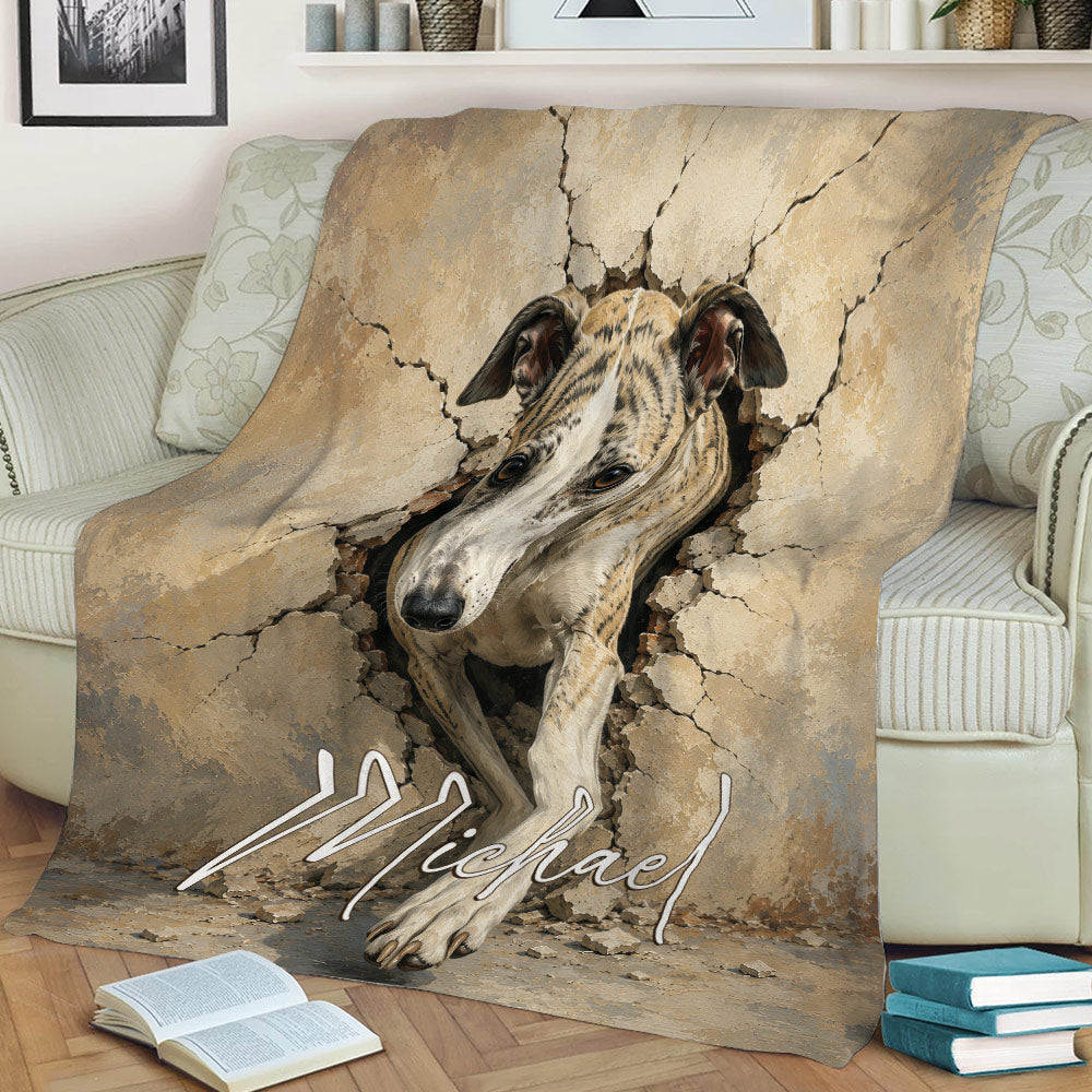 Whippet throw blanket styled over a couch with realistic brindle dog artwork