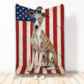 Whippet throw blanket featuring a patriotic American flag background and red, white, and blue sunglasses