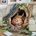 Woodland squirrel throw blanket draped over a sofa with a detailed tree hollow artwork