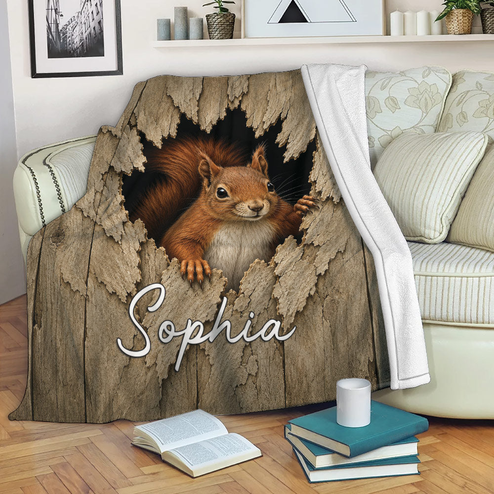 Squirrel blanket displayed on a sofa with rustic wood artwork and cozy living room styling