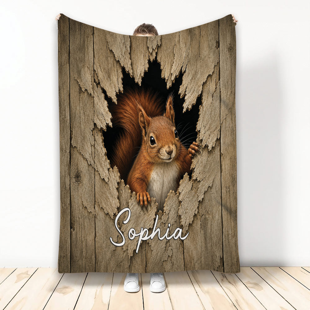 Squirrel throw blanket featuring a realistic woodland animal emerging through a rustic wooden backdrop