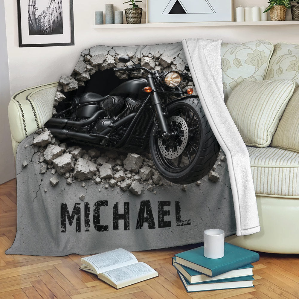 Motorcycle biker blanket draped over a sofa with dramatic cracked concrete artwork