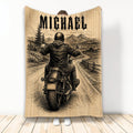 Biker blanket featuring a motorcycle rider on a mountain road with vintage black and tan artwork
