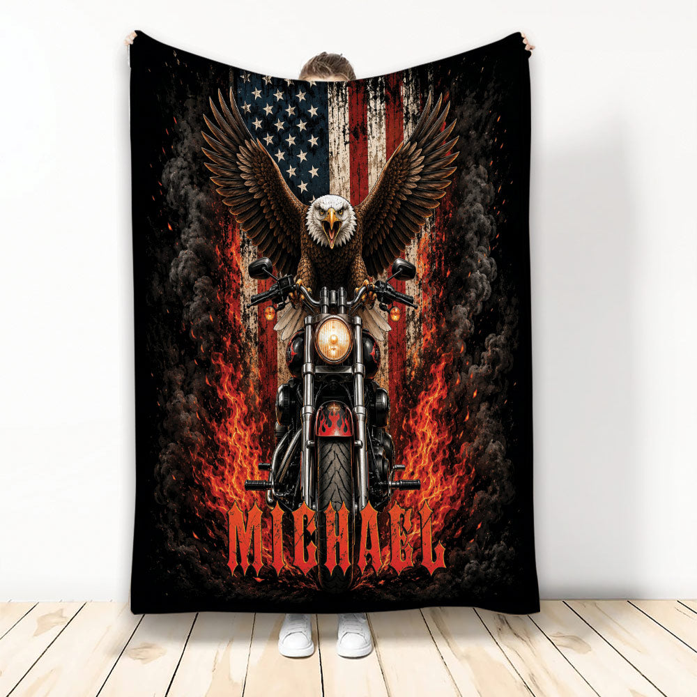Biker blanket featuring a motorcycle, flying eagle, American flag artwork, flames and bold black and red colors