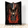 Biker blanket featuring a motorcycle, flying eagle, American flag artwork, flames and bold black and red colors