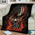 Biker throw blanket displayed on a couch with motorcycle, eagle, flames and distressed American flag design