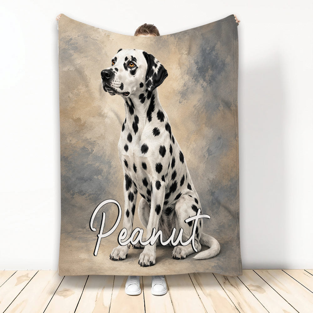 Dalmatian dog artwork on a custom throw blanket displayed vertically in a bright room