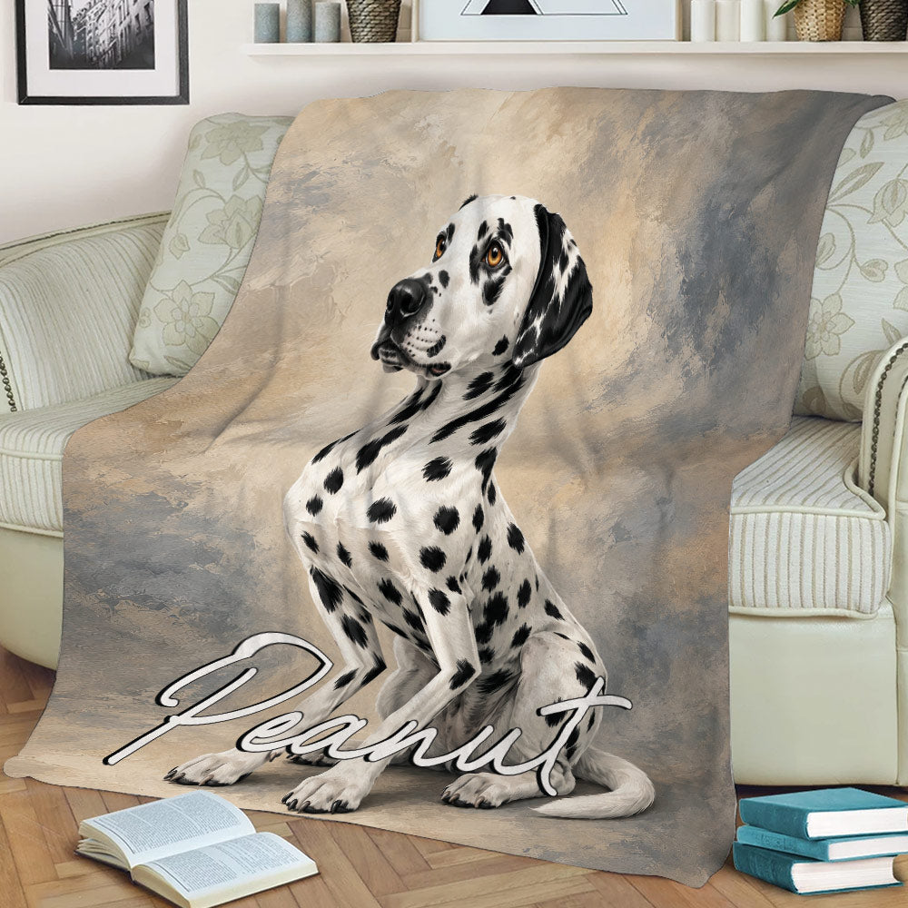 Dalmatian dog blanket styled across a sofa with books and living room accents