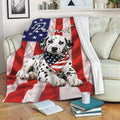 Patriotic Dalmatian throw blanket draped over a sofa with American flag artwork