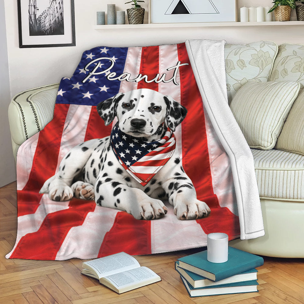 Patriotic Dalmatian throw blanket draped over a sofa with American flag artwork