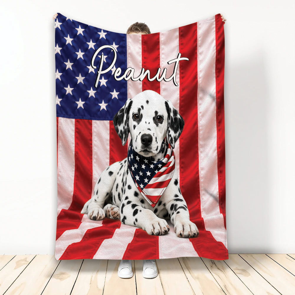 Dalmatian puppy blanket with American flag design and patriotic red, white, and blue artwork