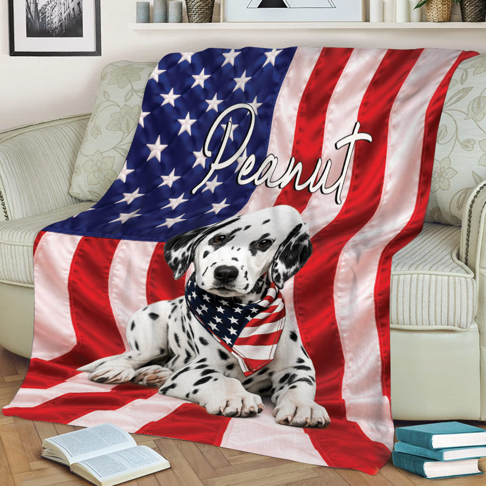 Dalmatian dog throw blanket displayed on a couch with stars and stripes design