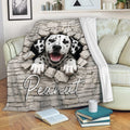 Dalmatian dog throw blanket styled on a sofa with a stone wall design