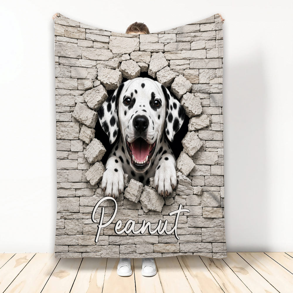 Dalmatian dog bursting through a stone wall on a custom printed throw blanket