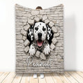 Dalmatian dog bursting through a stone wall on a custom printed throw blanket